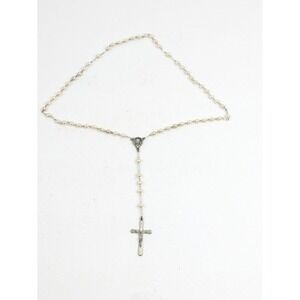 Vintage‎ Italian Catholic Rosary Pearl Beads Silver Tone Crucifix Marked Italy